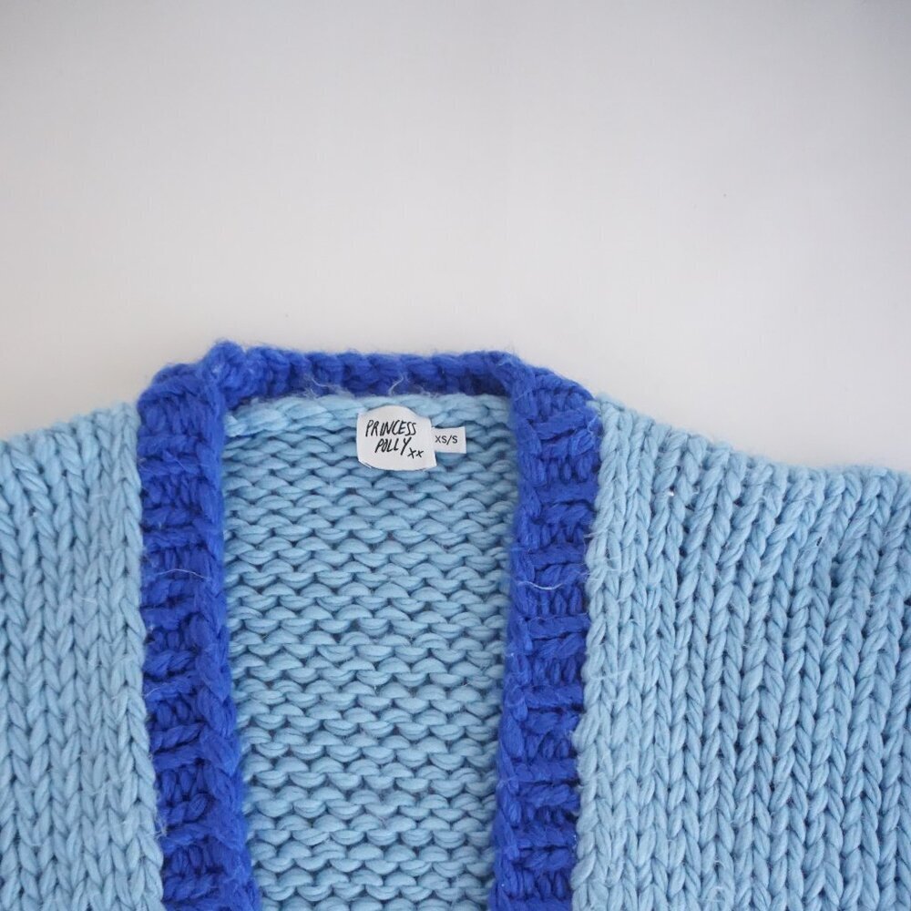 Princess Polly Blue Colorblock Chunky Knit Open Front Cardigan Preppy XS/S - Picture 6 of 10